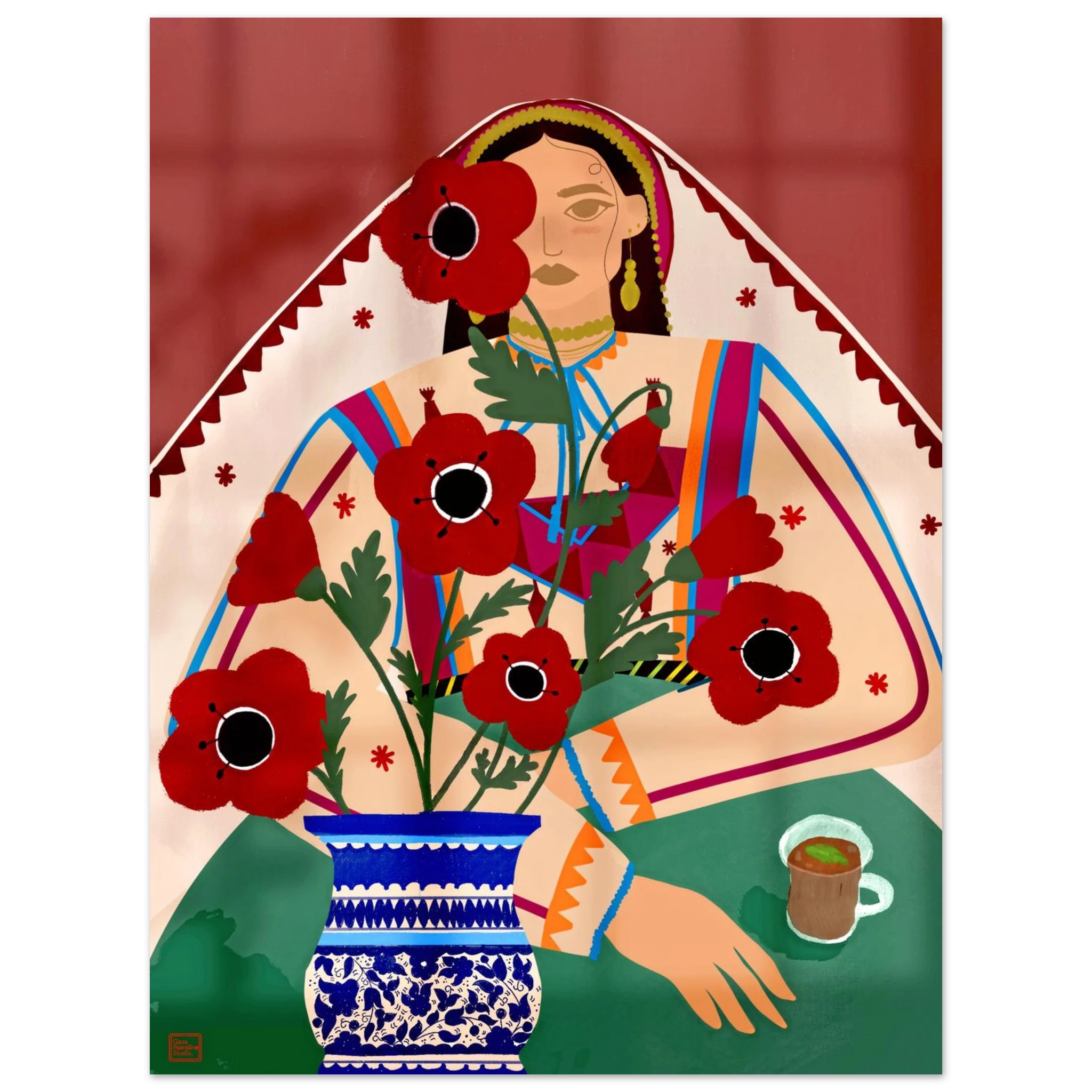 Palestinian thoub and poppy art print